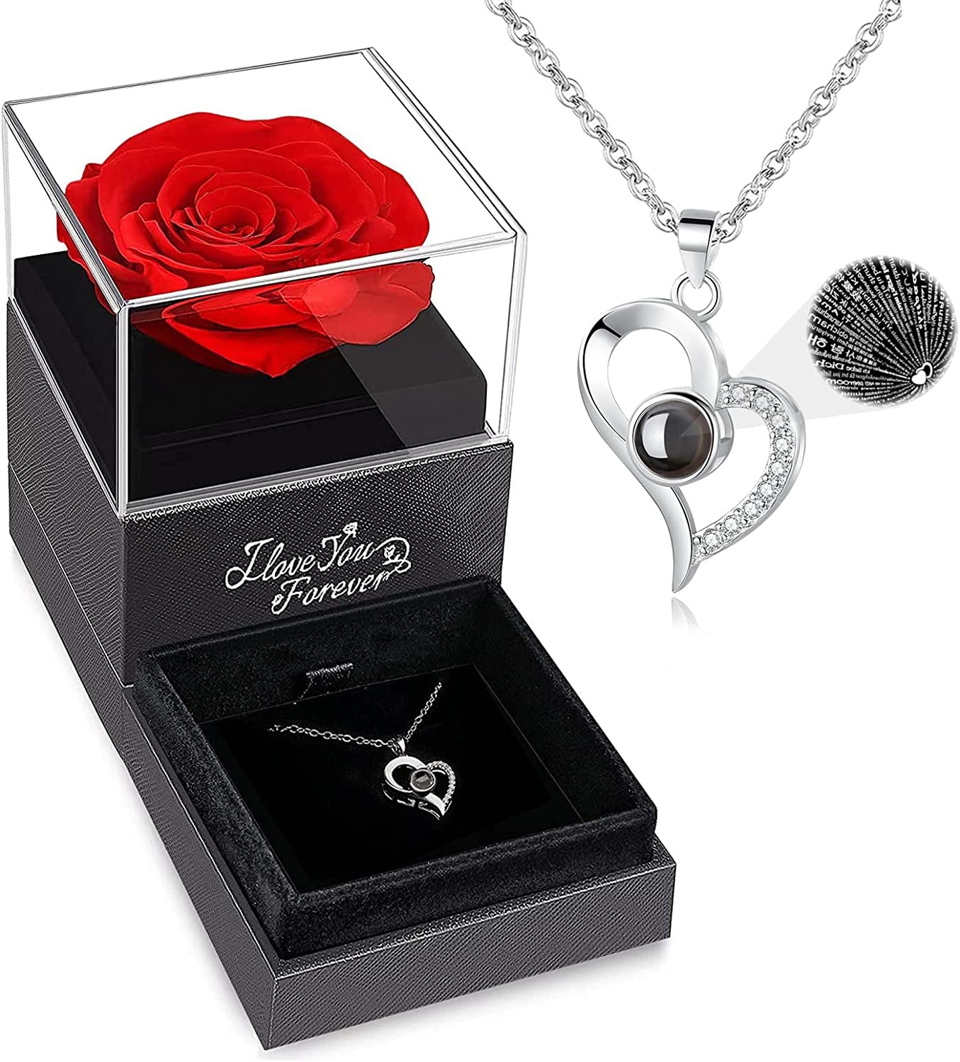 Christmas Gifts for Women, Preserved Real Rose with I Love You Necklace, Forever Flowers Rose Gifts for Women, Mom, Wife and Girlfriend, Birthday Anniversary Romantic Gifts for Her