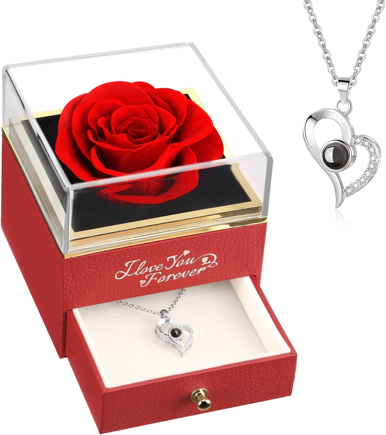 Christmas Gifts for Women, Preserved Real Rose with I Love You Necklace, Forever Flowers Rose Gifts for Women, Mom, Wife and Girlfriend, Birthday Anniversary Romantic Gifts for Her